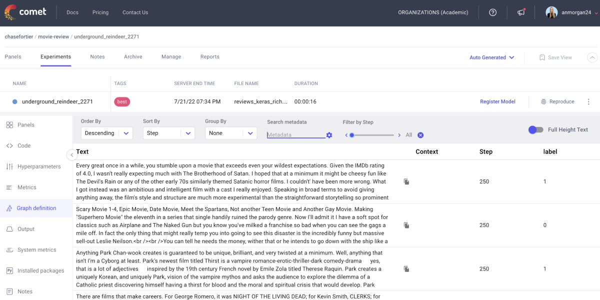 screenshot of Comet platform, showing text tab