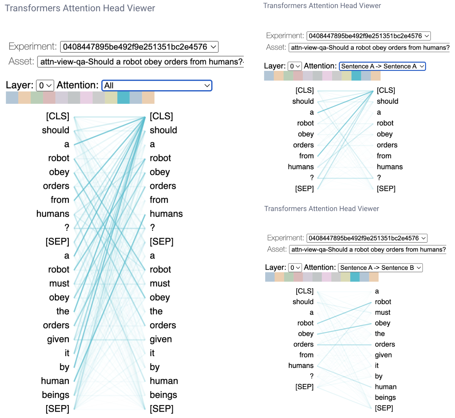 A BertViz visualization of attention with different sentence structure comparisons