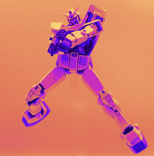 stylized graphic of a pink and purple robot over an orange background