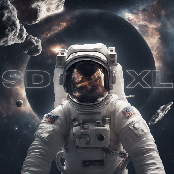 Realistic picture of an American astronaut in outerspace with planets and stars and meteorites and meteors in the background and a light halo around the astronaut. In the astronaut's helmet is the reflection of a fiery orange comet. "SDXL" is outlined in white in the background.