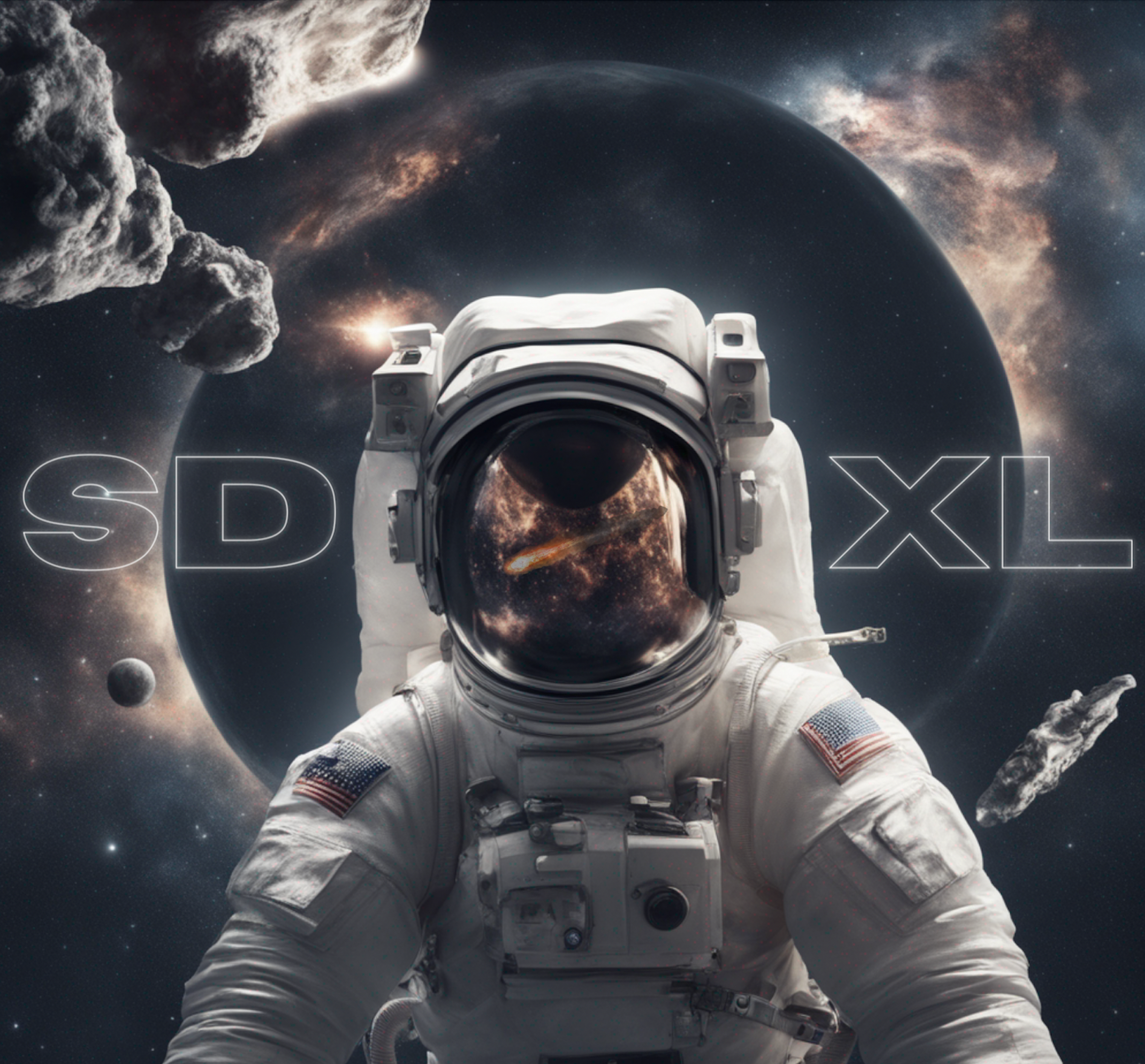 Realistic picture of an American astronaut in outerspace with planets and stars and meteorites and meteors in the background and a light halo around the astronaut. In the astronaut's helmet is the reflection of a fiery orange comet. "SDXL" is outlined in white in the background.