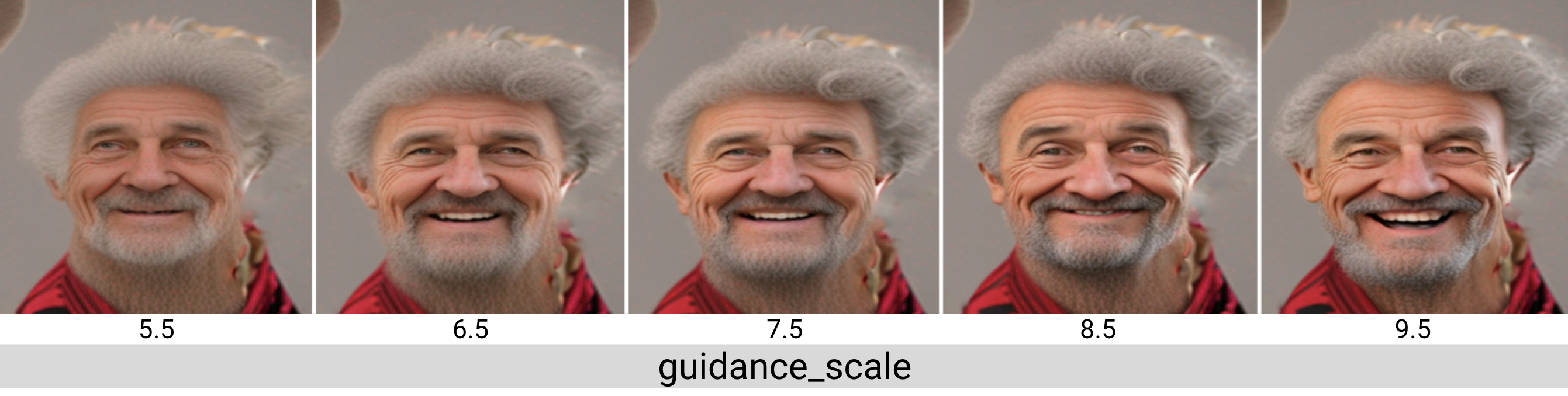 A picture of an old man with curly gray hair, on the left, slightly happy, becoming happier as you move right and the guidance scale increases.