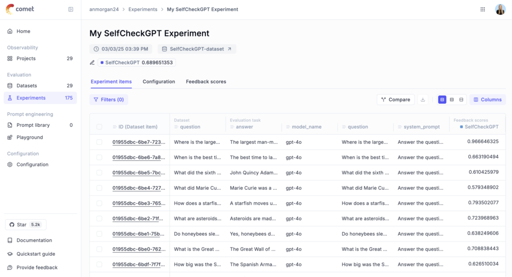 Screenshot of selfcheckgpt project dashboard in Comet/Opik