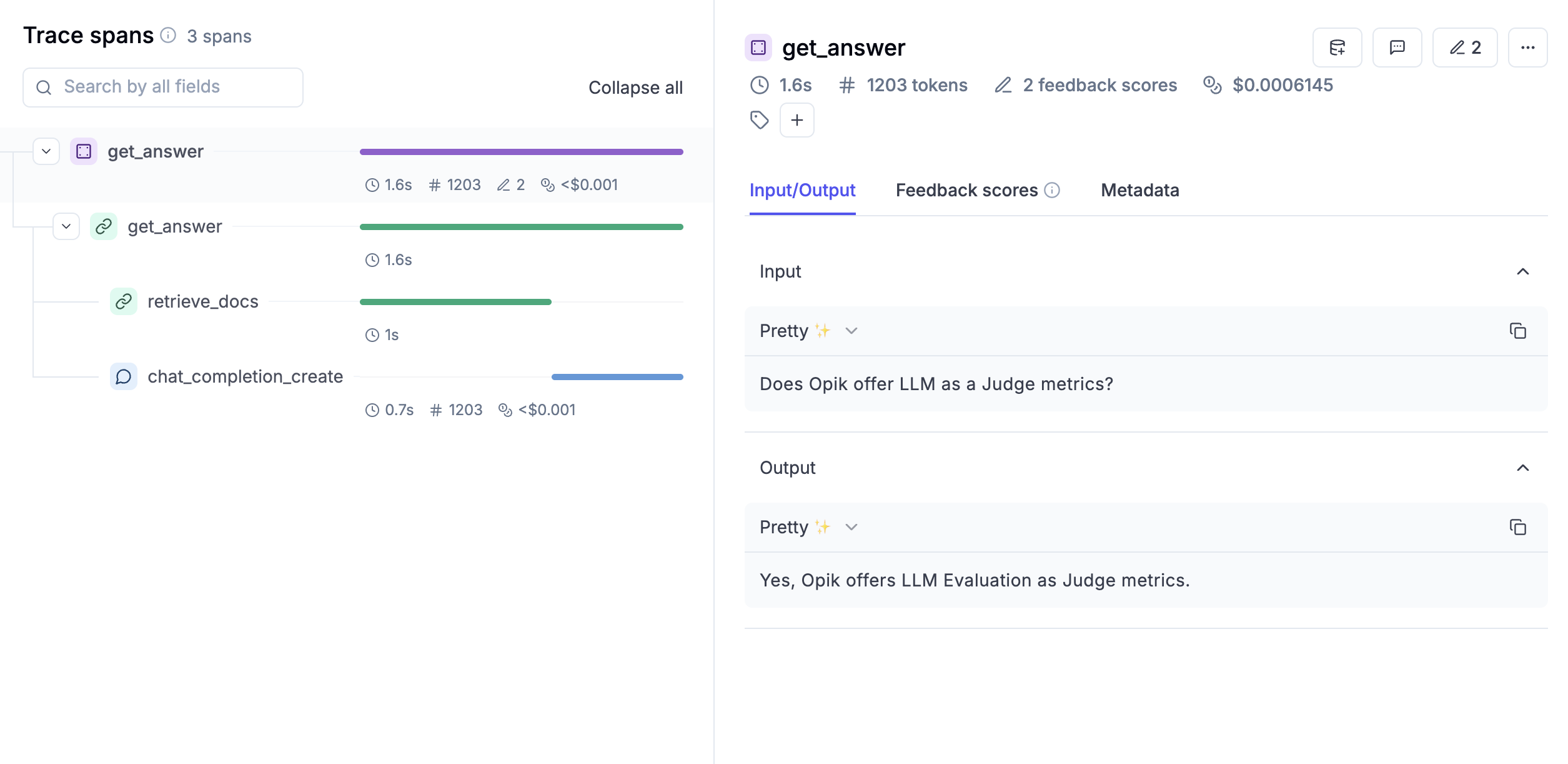 dashboard screenshot showing a logged trace for an ai code generator