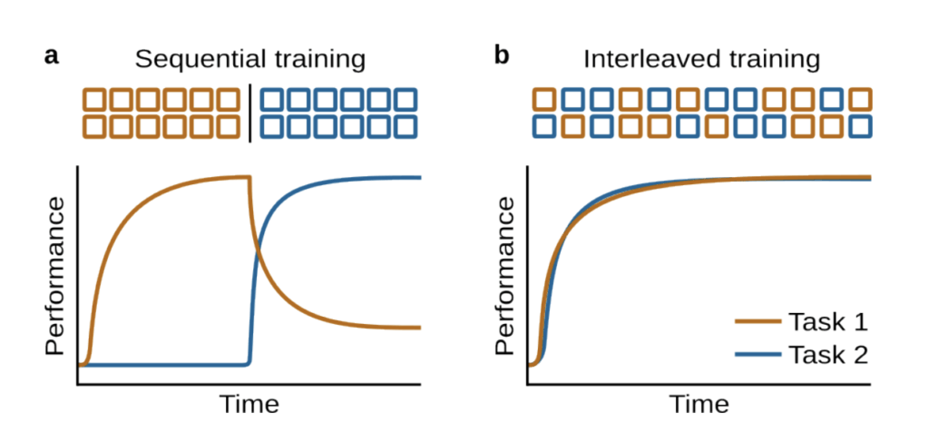 This graphic from Continual Learning and Catastrophic Forgetting shows how sequential training can lead to catastrophic forgetting, but interleaved training (an implementation of “data mixing”) can mitigate this problem.
