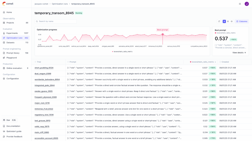 A screenshot showing Opik's agent optimizer