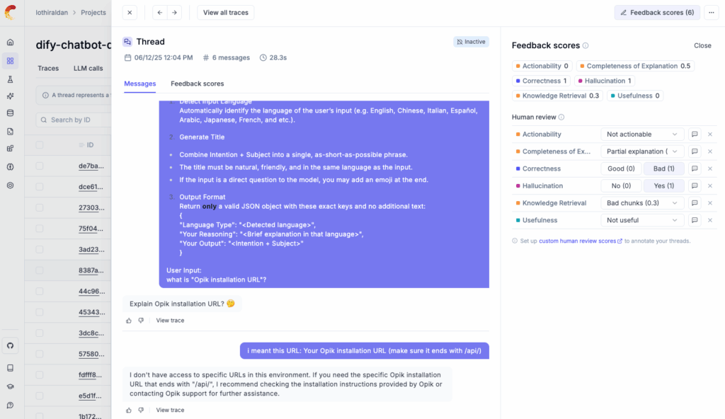 a screenshot showing Opik's human-in-the-loop thread level feedback functionality