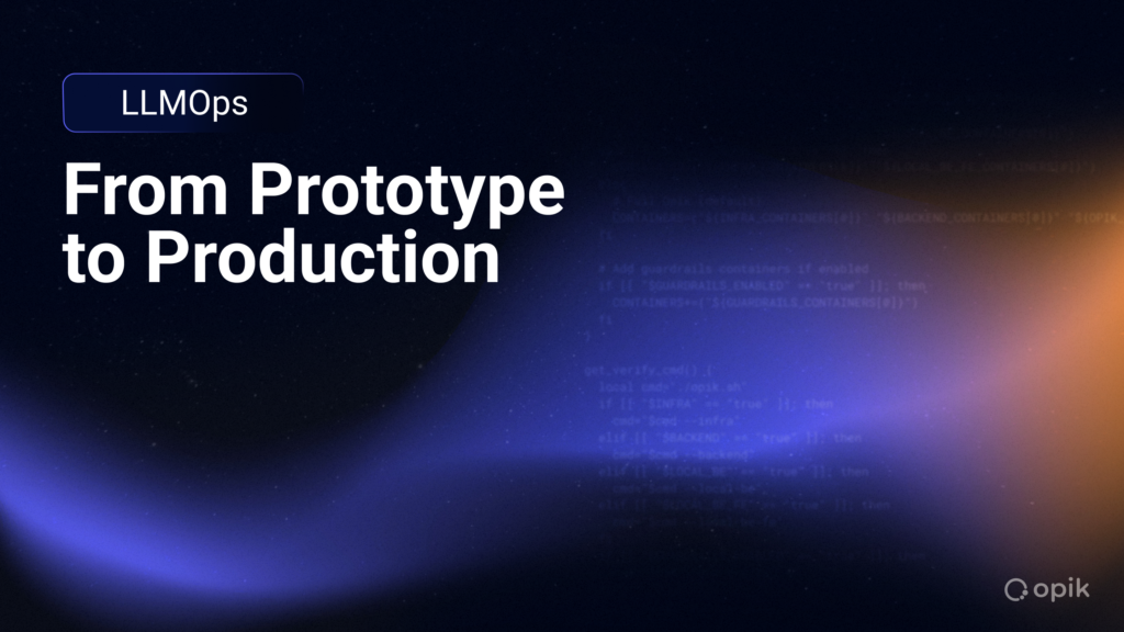 Purple and orange graphic featuring code illustrating a guide to LLMOps