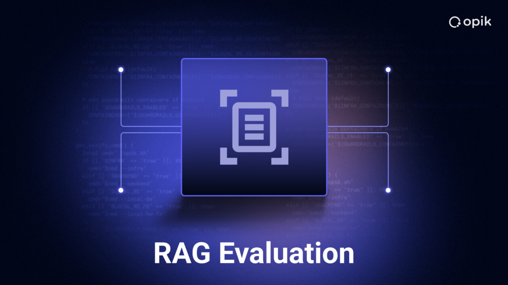 Purple gradient background with code examples fading in the background to illustrate RAG evaluation concepts with an additional paper icon centered in the middle.