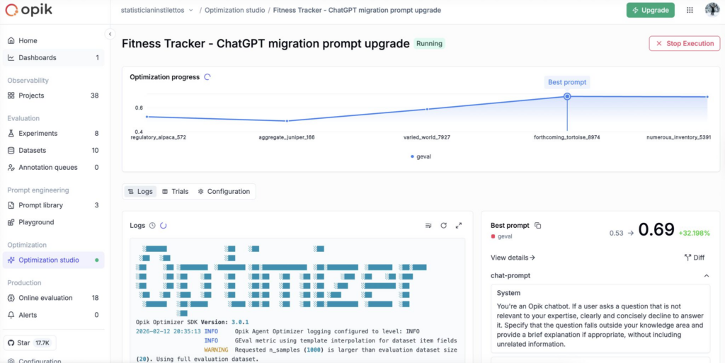 screenshot showing opik's optimization studio feature within the opik UI