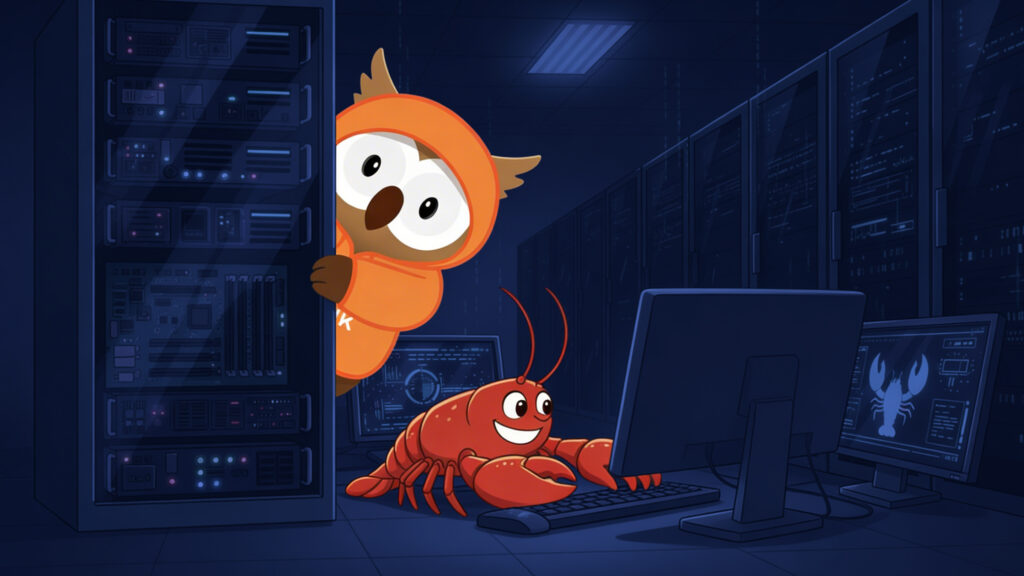 image of the opik mascot ollie glancing over the openclaw lobster mascot to illustrate the openclaw x opik plugin feature.