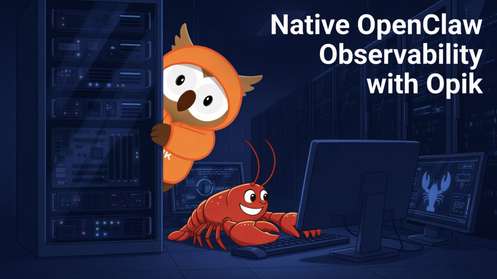 a server room where an owl is observing a lobster working on a computer, illustrating OpenClaw observability with Opik for tracing and monitoring AI agents.