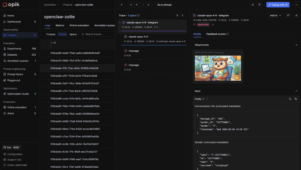 screenshot of the opik dashboard showing openclaw observability capabilities live in the UI