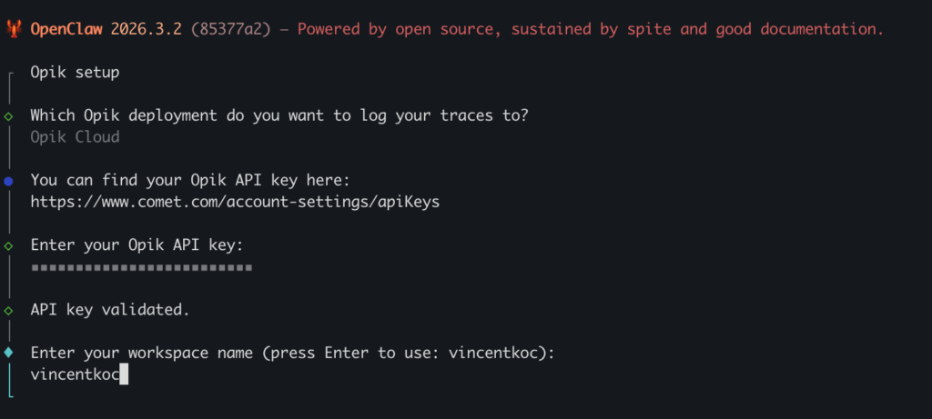 screenshot showing openclaw observability plugin instructions for opik