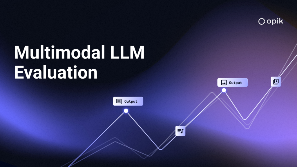 A gradient purple background with a line graph trending upwards with various points showing image, video and audio files to illustrate the process of multimodal LLM evaluation