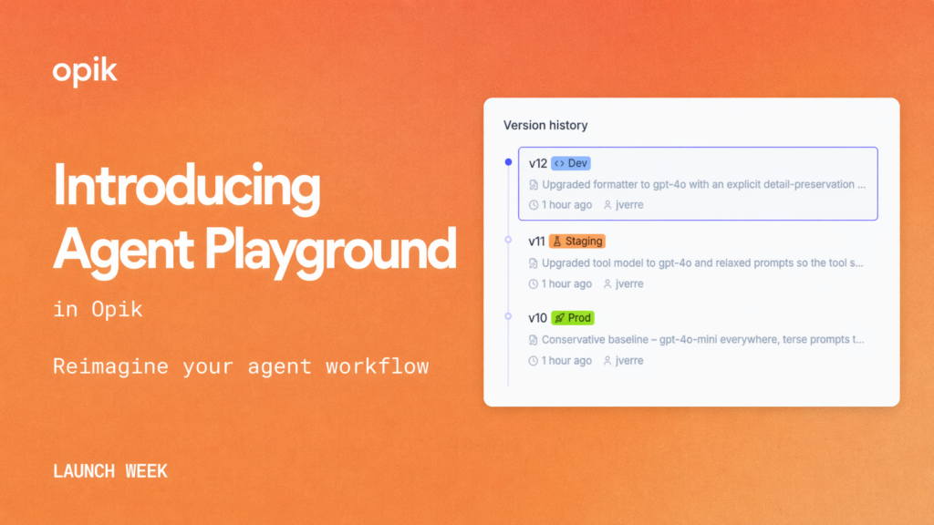 Cover photo announcing Opik's new feature the agent playground, showing a screenshot of an example of end to end agent testing