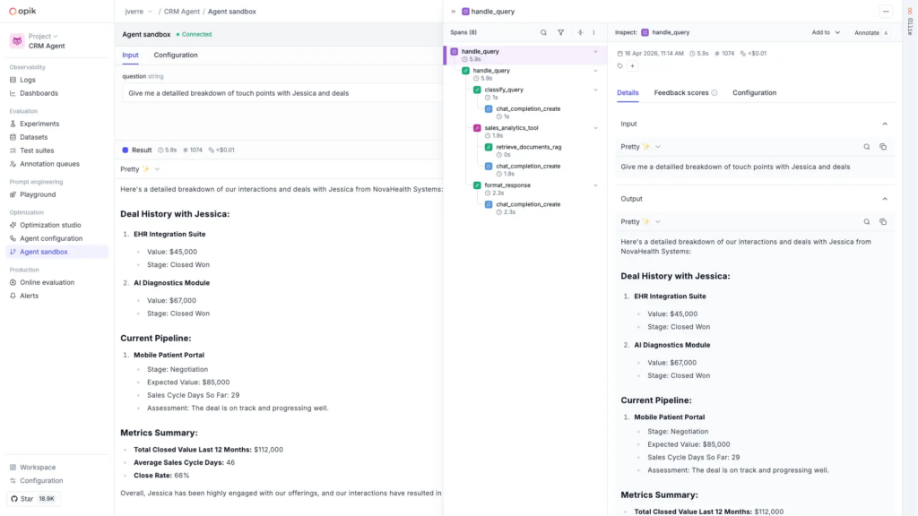 Opik dashboard showcasing the agent playground interface