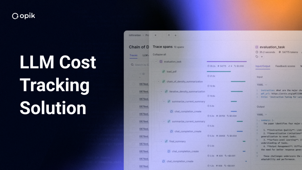 A screenshot of the opik UI showing LLM cost tracking solution options within the platform