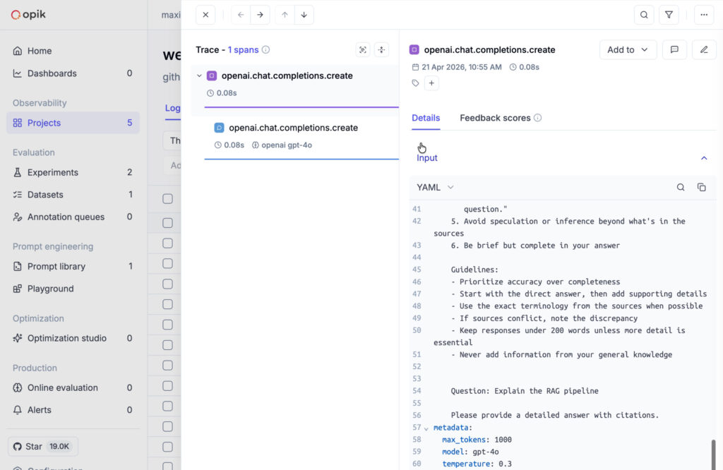 a screenshot of the opik UI showing monitoring dashboards examples for a project view