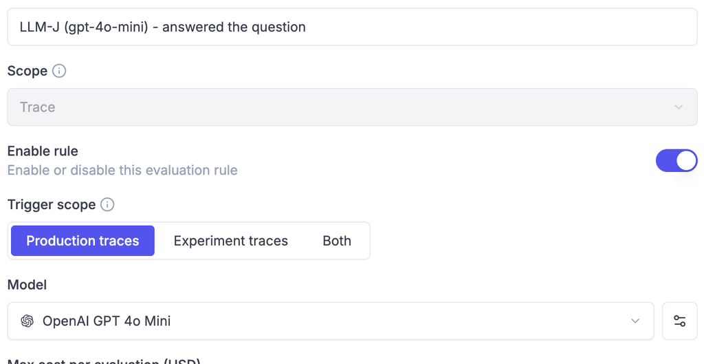 UI screenshot of an Opik online LLM evaluation rule using GPT-4o-mini as the designated judge model to score production traces from an application