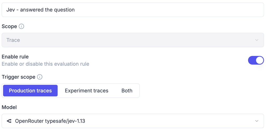 UI screenshot of an Opik online LLM evaluation rule using Jev as the designated judge model to score production traces from an application