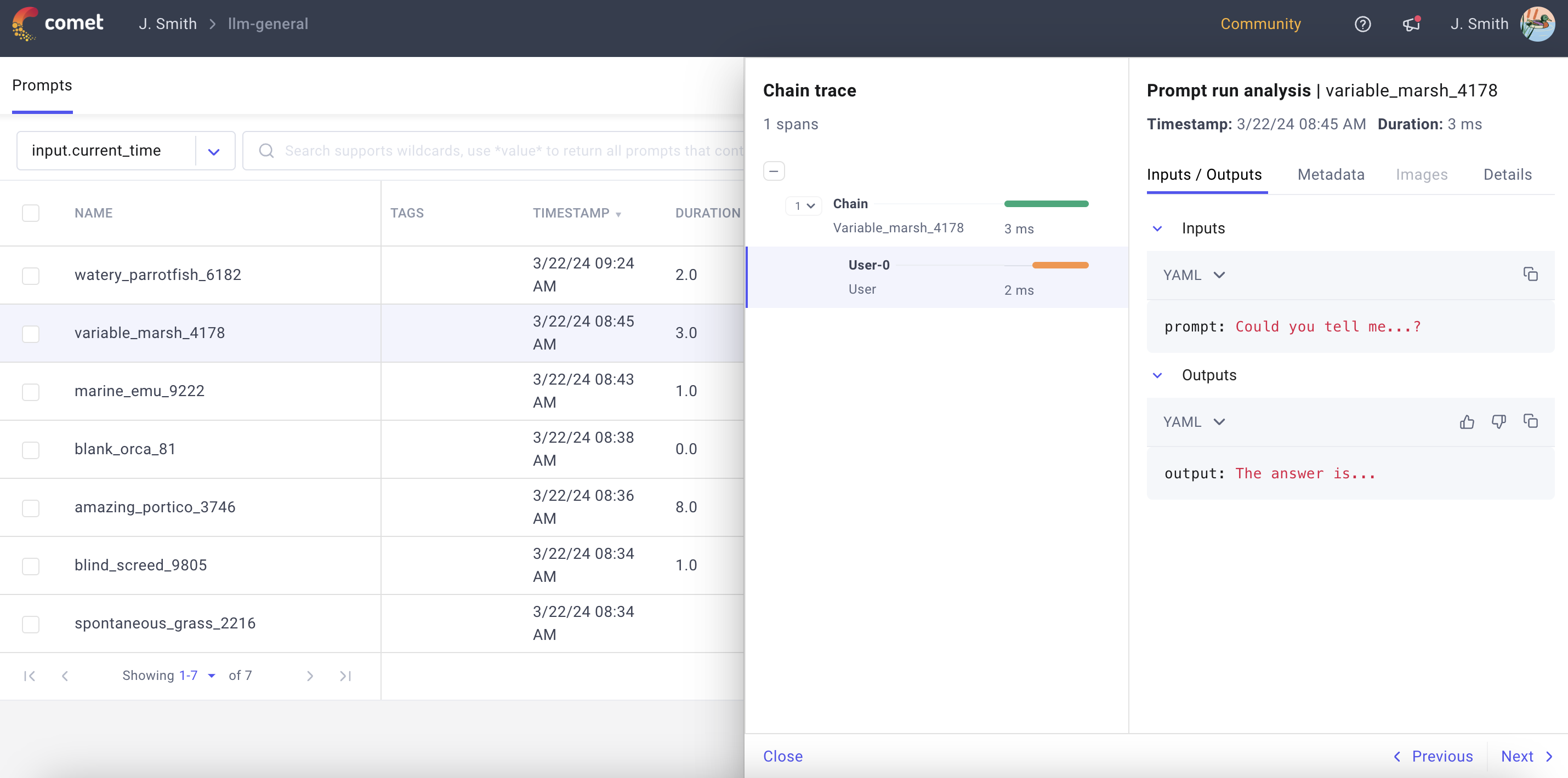 Comet dashboard - Prompts page