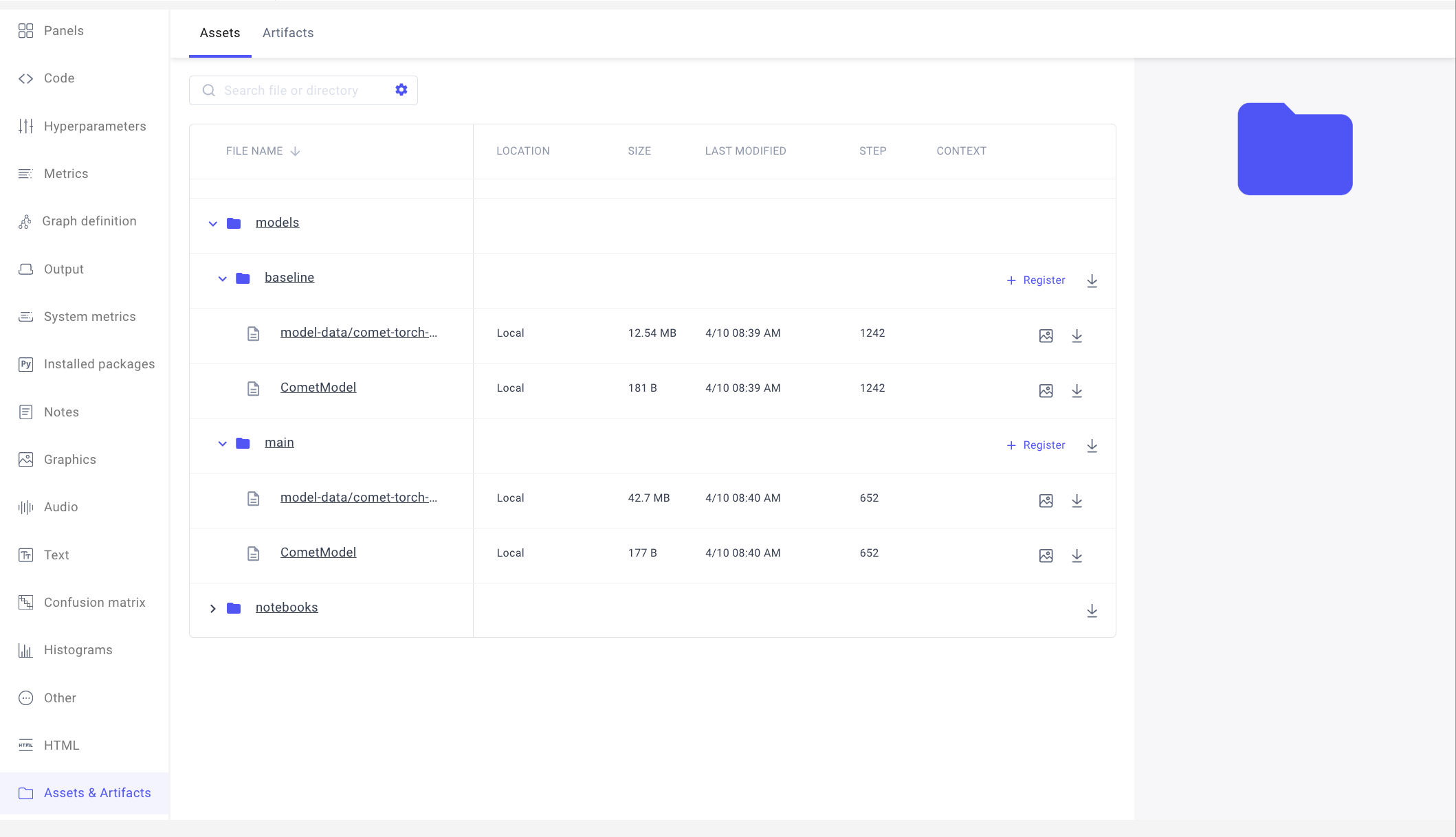 Example of models in the Assets & Artifacts tab