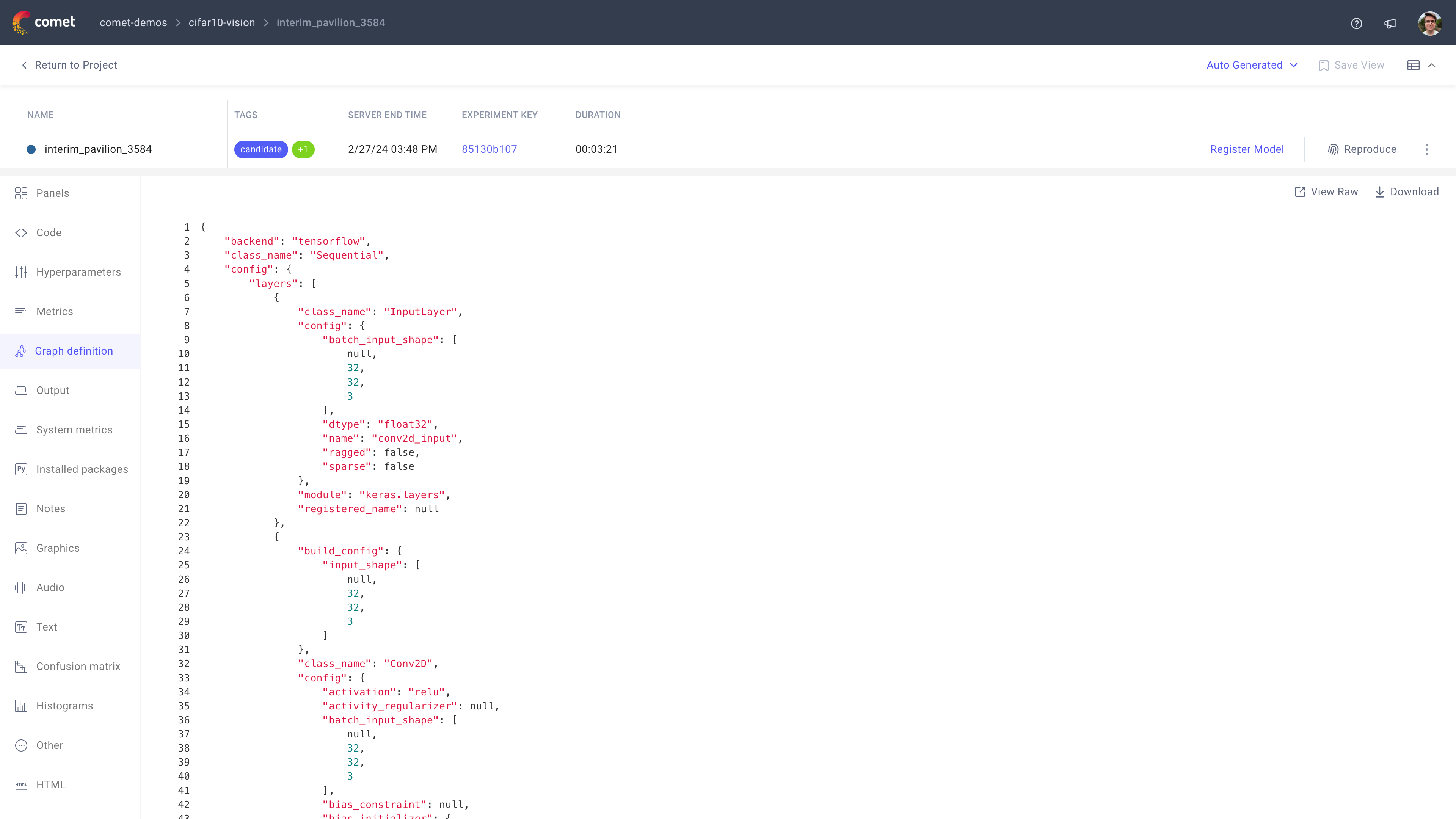 Comet Experiment Management - Single Experiment Page: Graph Definition tab