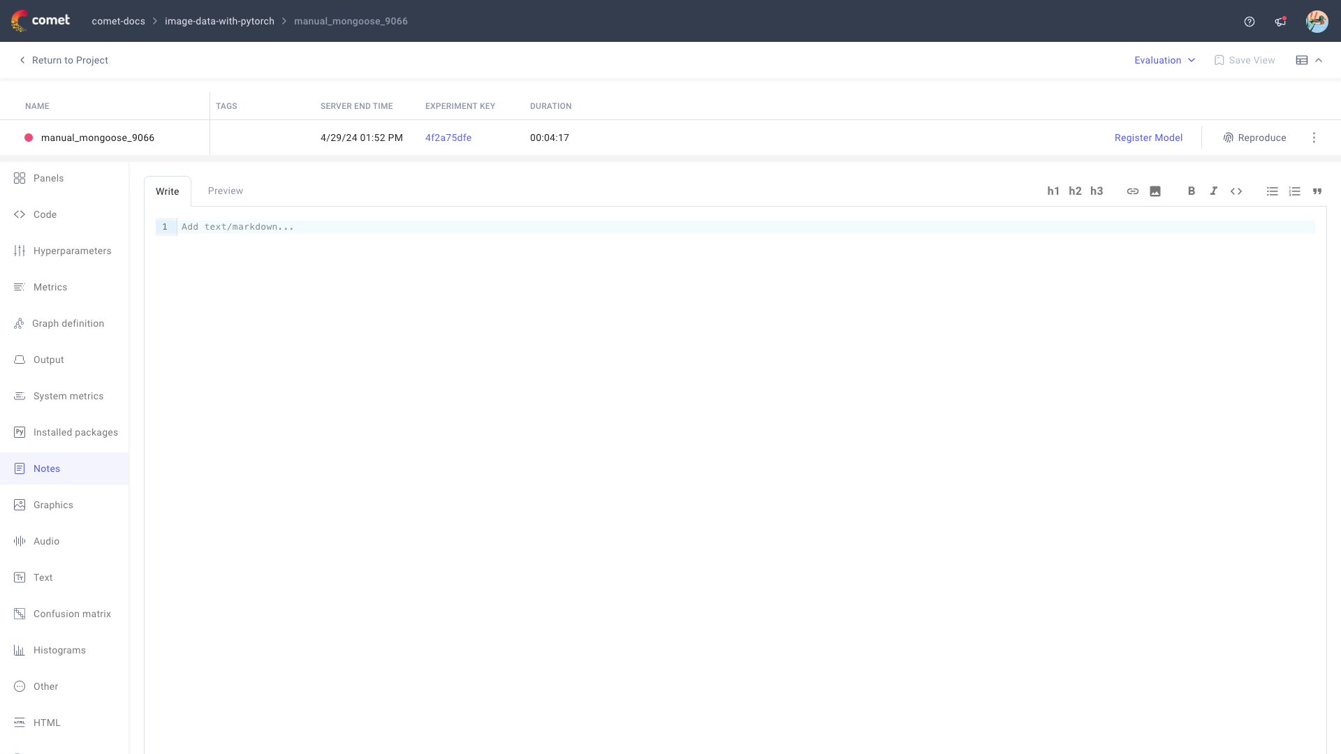 Comet Experiment Management - Single Experiment Page: Notes tab