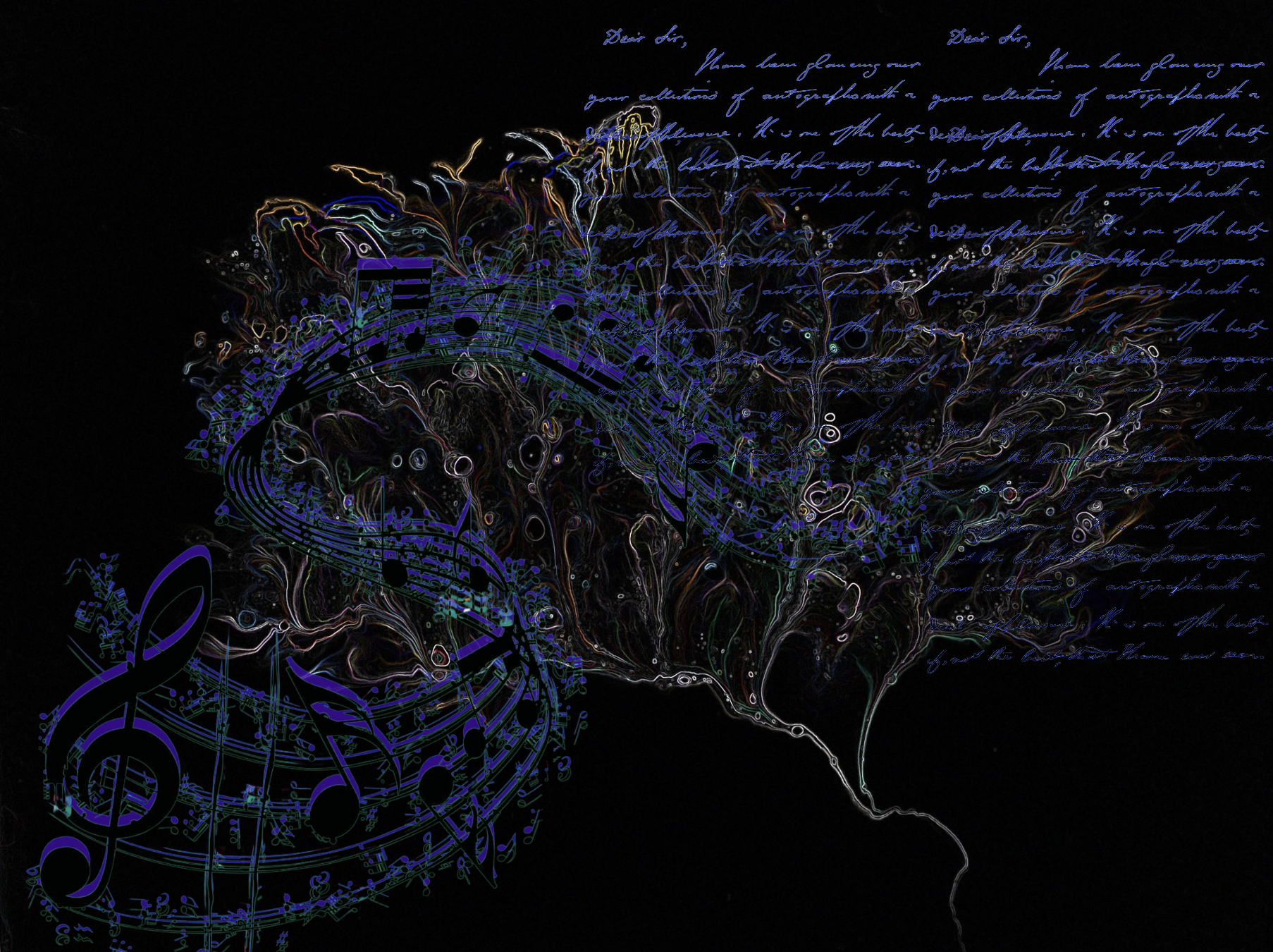 Multimodel Machine Learning models with Comet ML, black background witha wave of musical notes and cursive handwritten script overlaid over an artistic representation of a tree.